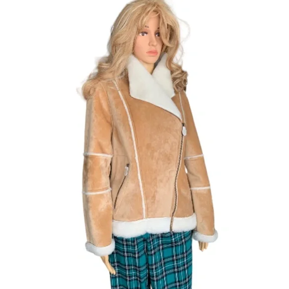 LANDSEND Womens Petite Faux Sheepskin Shearling Warm Winter Fleece Moto Jacket - Picture 6 of 11